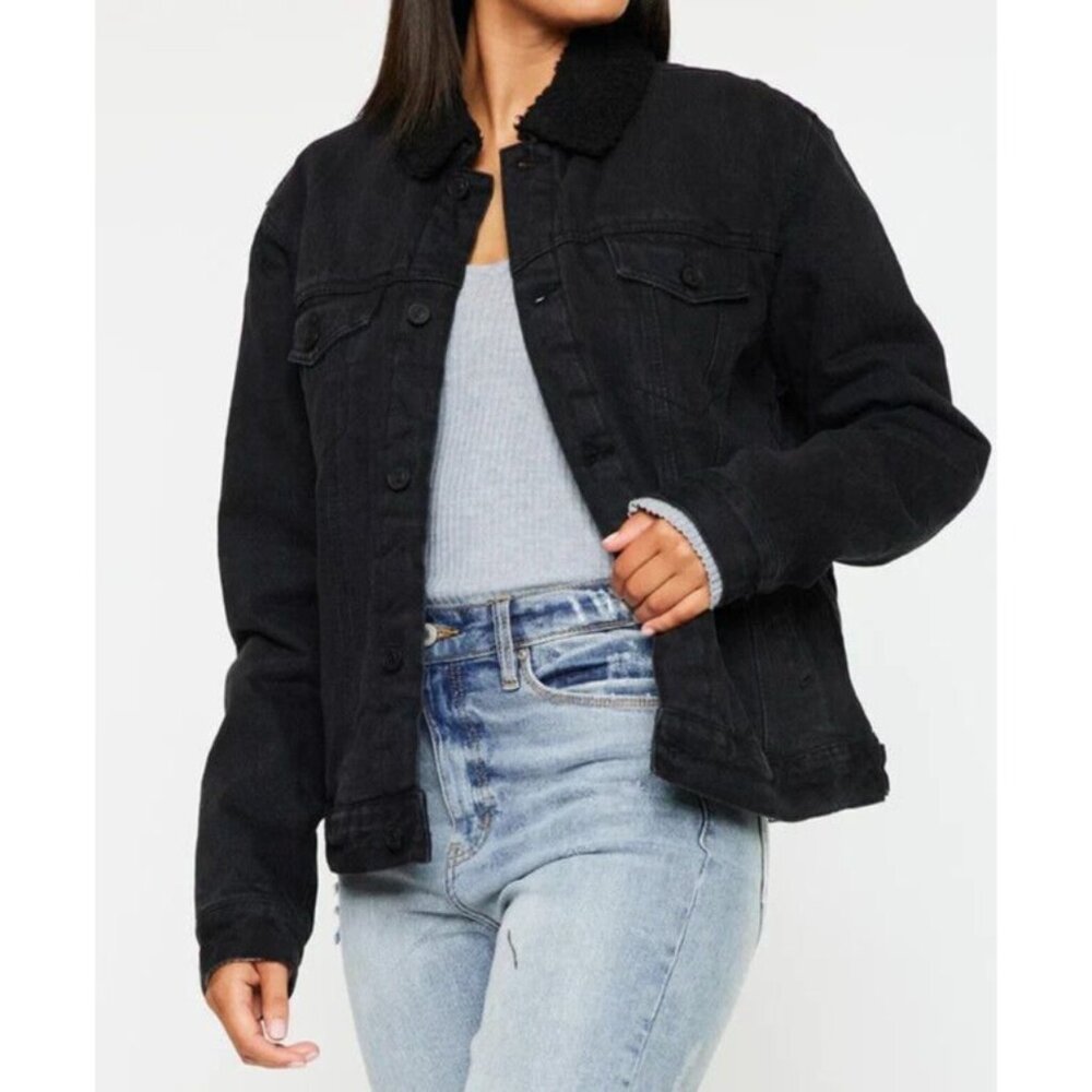 NWT Womens KanCan Sonny Sherpa Trucker Jacket acid black denim size S
